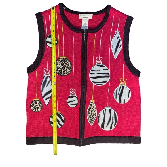 Vintage Festive Red Holiday Christmas Sweater Vest, Animal Print Ornaments, SP - Picture 9 of 9